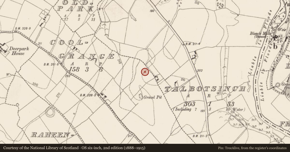 Ordnance Survey six-inch map, 2nd edition (1888–1915) covering the location of Burial, Coolgrange, County Kilkenny, with a pin at the register's coordinates
