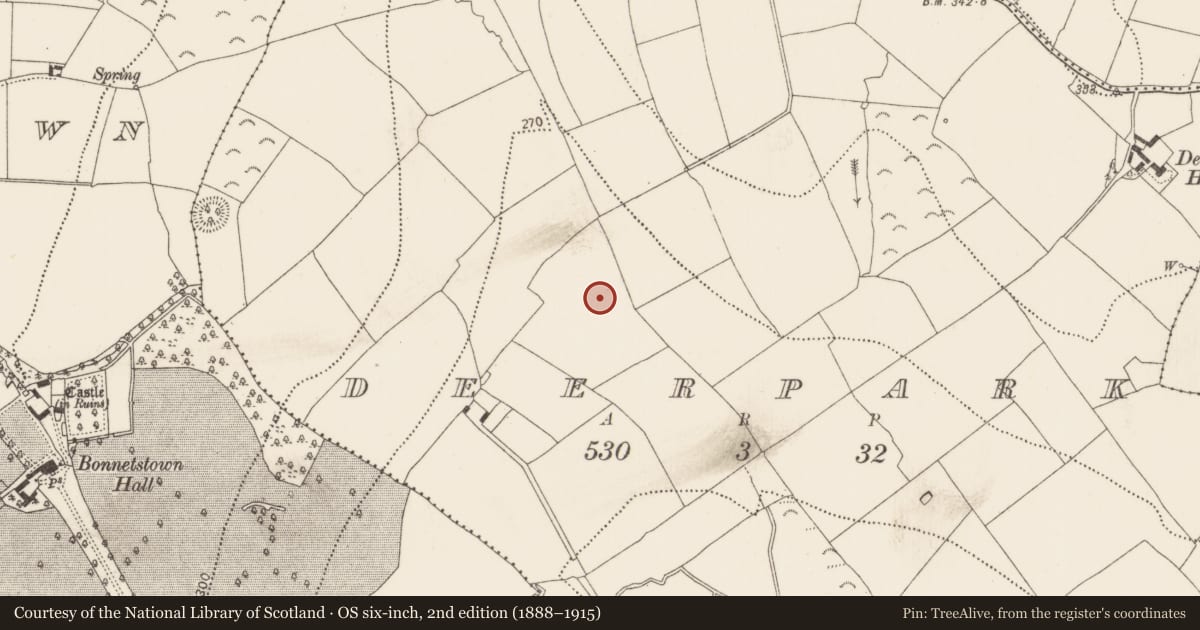Ordnance Survey six-inch map, 2nd edition (1888–1915) covering the location of Enclosure, Deerpark, County Kilkenny, with a pin at the register's coordinates