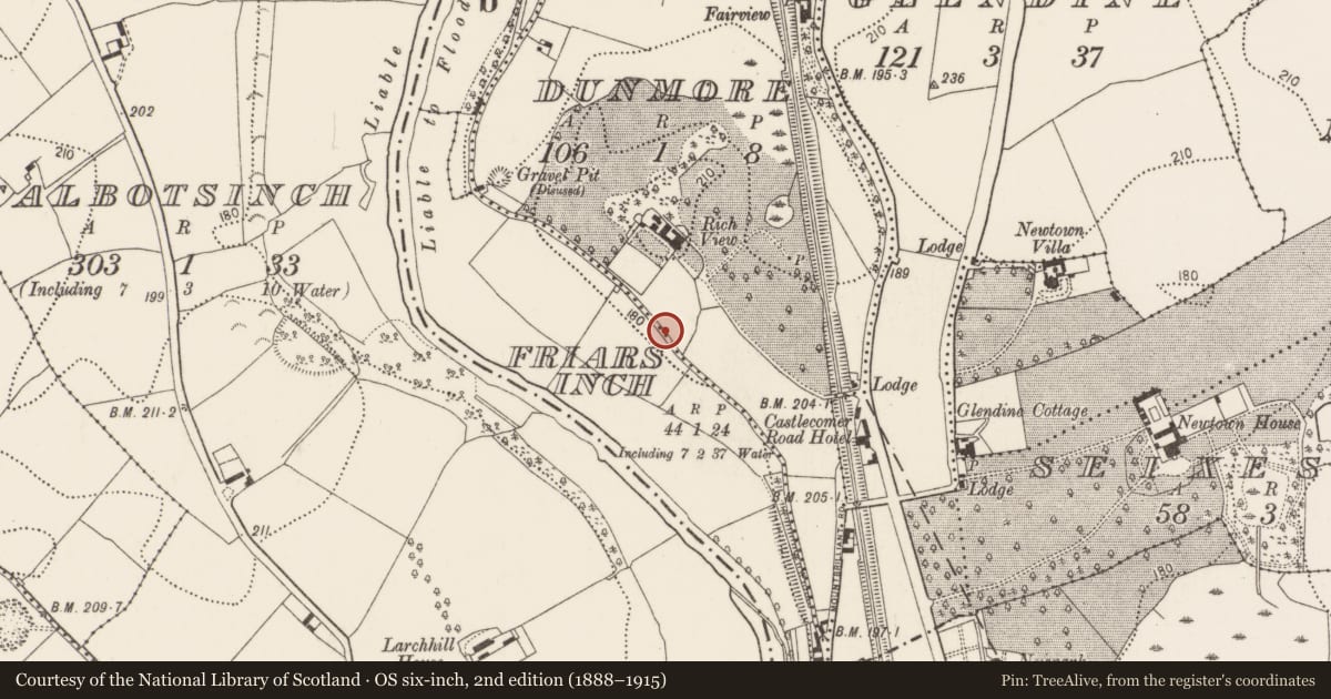 Ordnance Survey six-inch map, 2nd edition (1888–1915) covering the location of Burial, Friarsinch, Dunmore, County Kilkenny, with a pin at the register's coordinates
