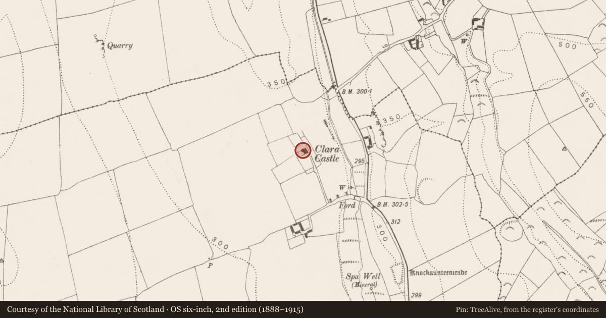 Ordnance Survey six-inch map, 2nd edition (1888–1915) covering the location of Bawn, Clara Upper, County Kilkenny, with a pin at the register's coordinates