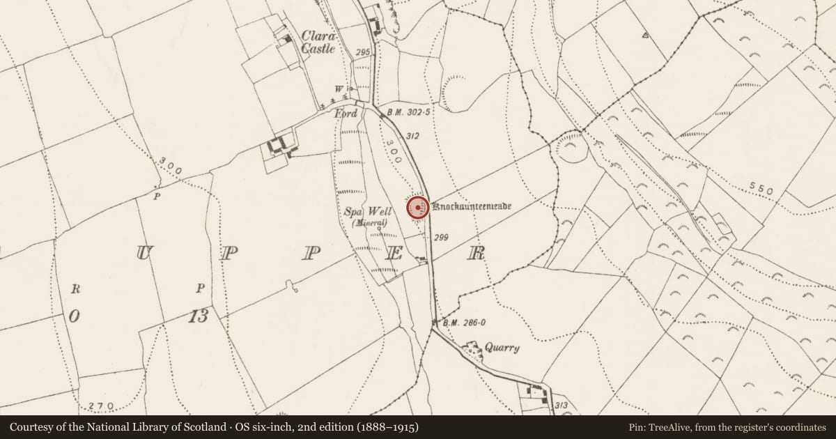 Ordnance Survey six-inch map, 2nd edition (1888–1915) covering the location of Enclosure, Clara Upper, County Kilkenny, with a pin at the register's coordinates