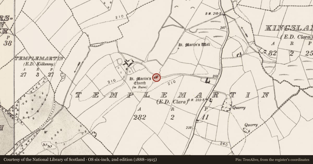 Ordnance Survey six-inch map, 2nd edition (1888–1915) covering the location of Church, Templemartin, County Kilkenny, with a pin at the register's coordinates
