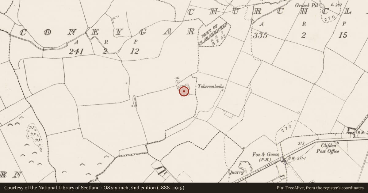 Ordnance Survey six-inch map, 2nd edition (1888–1915) covering the location of Enclosure, Coneygar, County Kilkenny, with a pin at the register's coordinates