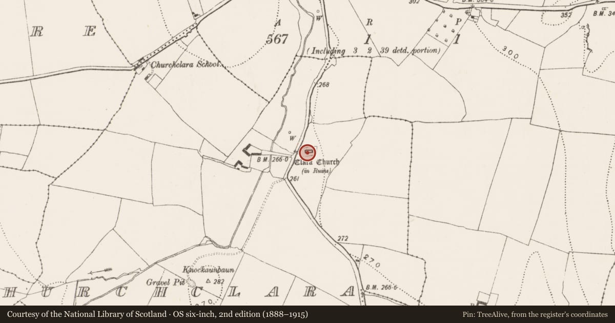 Ordnance Survey six-inch map, 2nd edition (1888–1915) covering the location of Church, Churchclara, County Kilkenny, with a pin at the register's coordinates