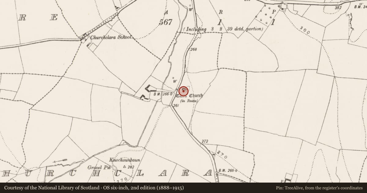 Ordnance Survey six-inch map, 2nd edition (1888–1915) covering the location of Graveyard, Churchclara, County Kilkenny, with a pin at the register's coordinates