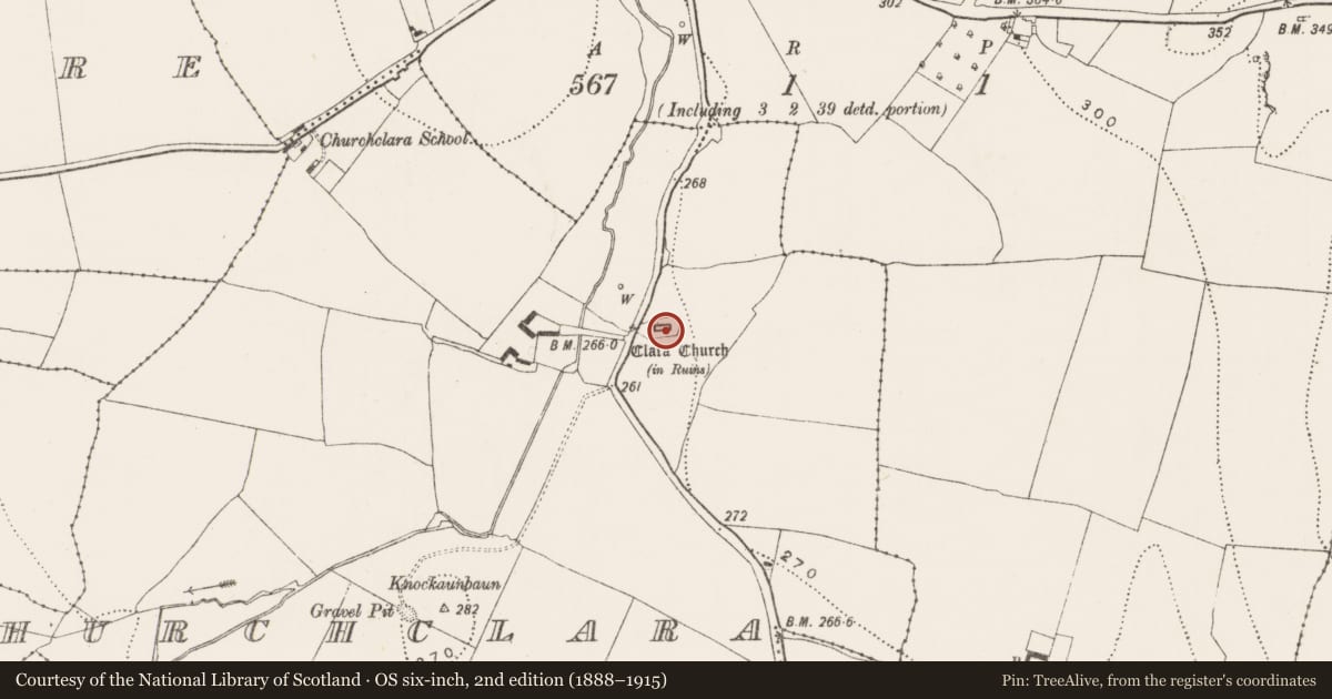 Ordnance Survey six-inch map, 2nd edition (1888–1915) covering the location of Ogham stone, Churchclara, County Kilkenny, with a pin at the register's coordinates