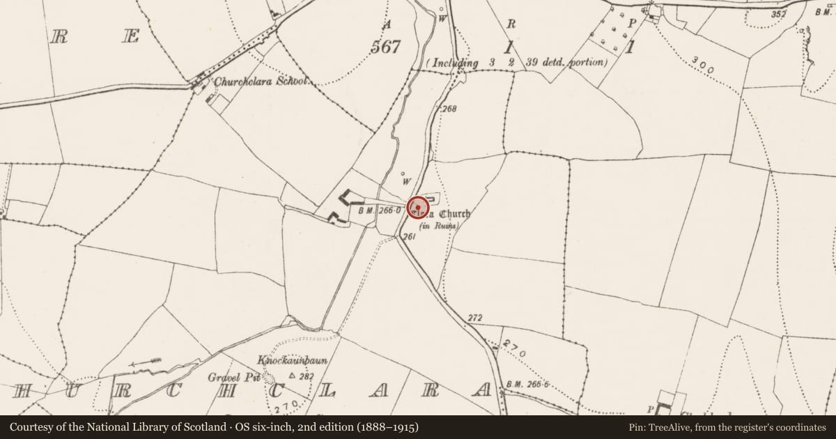 Ordnance Survey six-inch map, 2nd edition (1888–1915) covering the location of Font, Churchclara, County Kilkenny, with a pin at the register's coordinates
