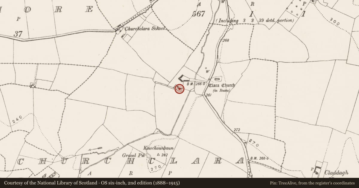 Ordnance Survey six-inch map, 2nd edition (1888–1915) covering the location of Bullaun stone, Churchclara, County Kilkenny, with a pin at the register's coordinates