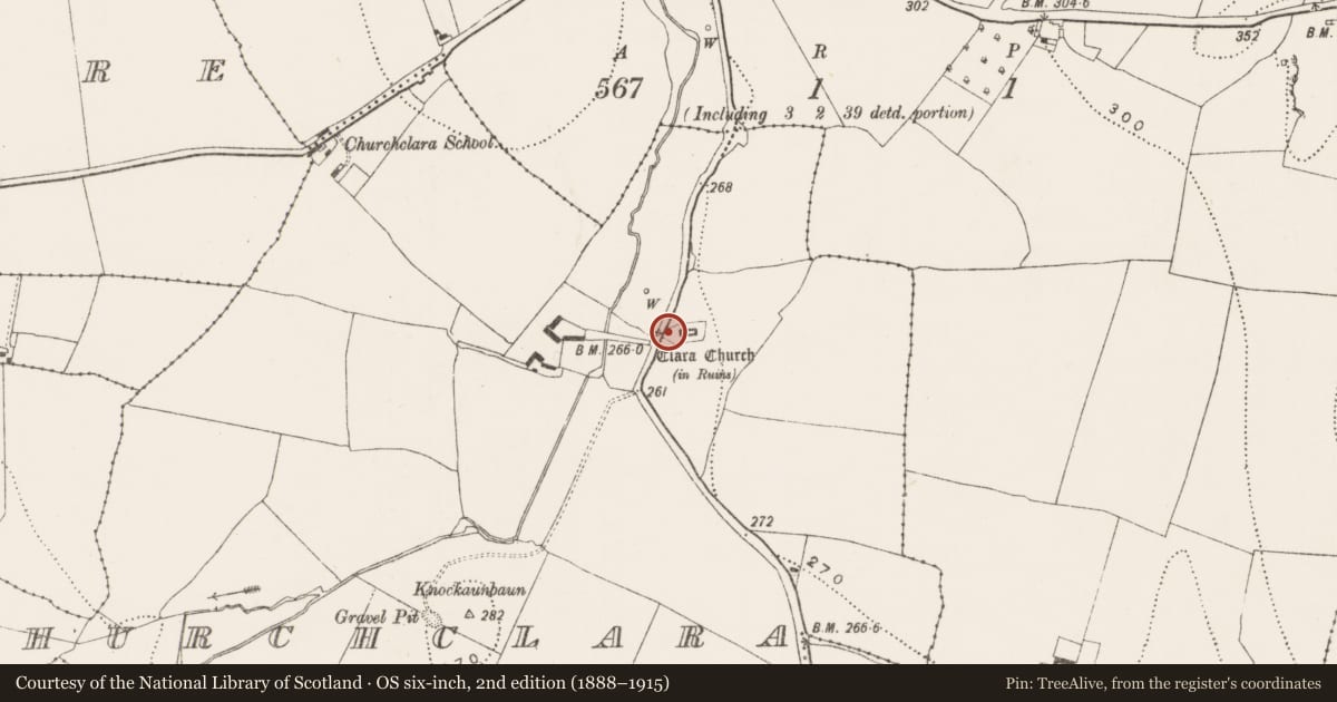 Ordnance Survey six-inch map, 2nd edition (1888–1915) covering the location of Architectural fragment, Churchclara, County Kilkenny, with a pin at the register's coordinates