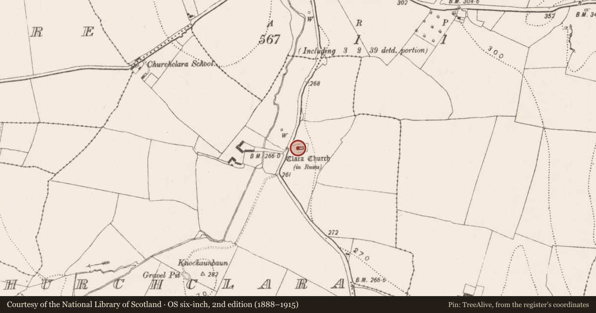 Ordnance Survey six-inch map, 2nd edition (1888–1915) covering the location of Ogham stone, Churchclara, County Kilkenny, with a pin at the register's coordinates