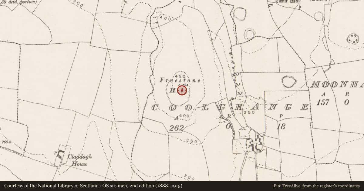 Ordnance Survey six-inch map, 2nd edition (1888–1915) covering the location of Hillfort, Coolgrange, County Kilkenny, with a pin at the register's coordinates