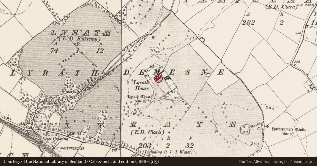 Ordnance Survey six-inch map, 2nd edition (1888–1915) covering the location of House - 17th century, Lyrath, County Kilkenny, with a pin at the register's coordinates