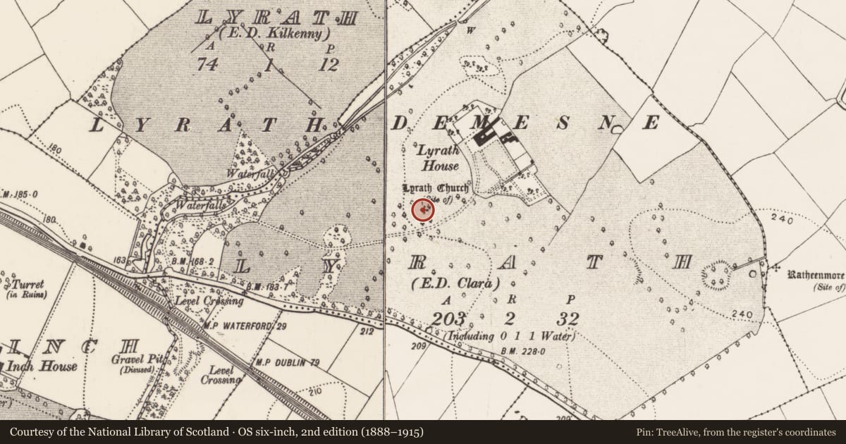 Ordnance Survey six-inch map, 2nd edition (1888–1915) covering the location of Church, Lyrath, County Kilkenny, with a pin at the register's coordinates