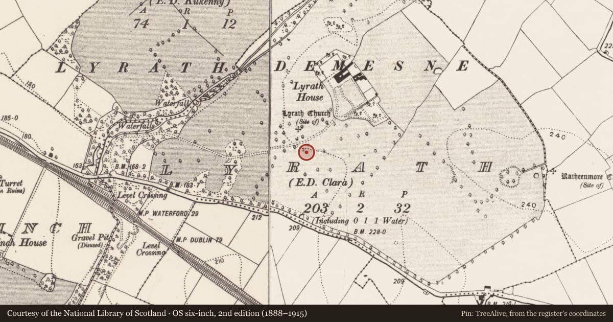 Ordnance Survey six-inch map, 2nd edition (1888–1915) covering the location of Enclosure, Lyrath, County Kilkenny, with a pin at the register's coordinates