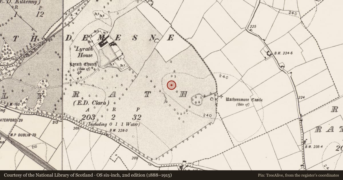 Ordnance Survey six-inch map, 2nd edition (1888–1915) covering the location of Enclosure, Lyrath, County Kilkenny, with a pin at the register's coordinates