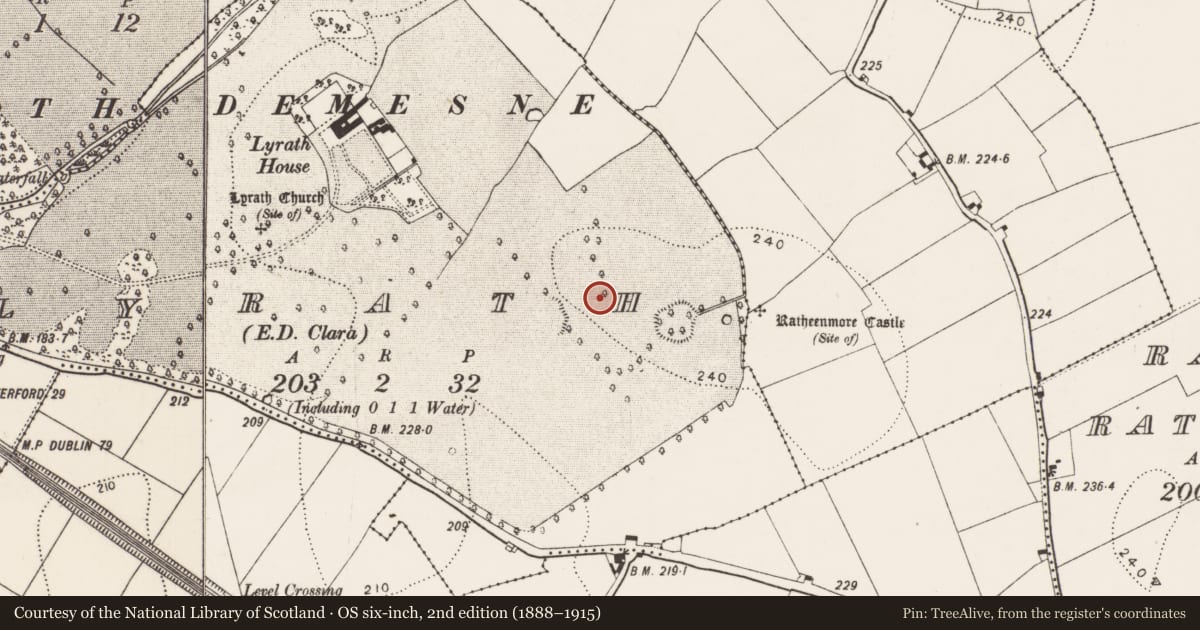 Ordnance Survey six-inch map, 2nd edition (1888–1915) covering the location of Enclosure, Lyrath, County Kilkenny, with a pin at the register's coordinates