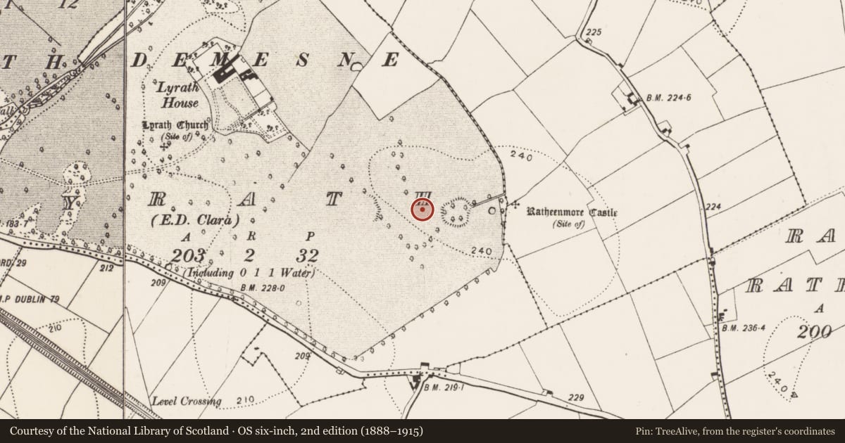 Ordnance Survey six-inch map, 2nd edition (1888–1915) covering the location of Road - road/trackway, Lyrath, County Kilkenny, with a pin at the register's coordinates