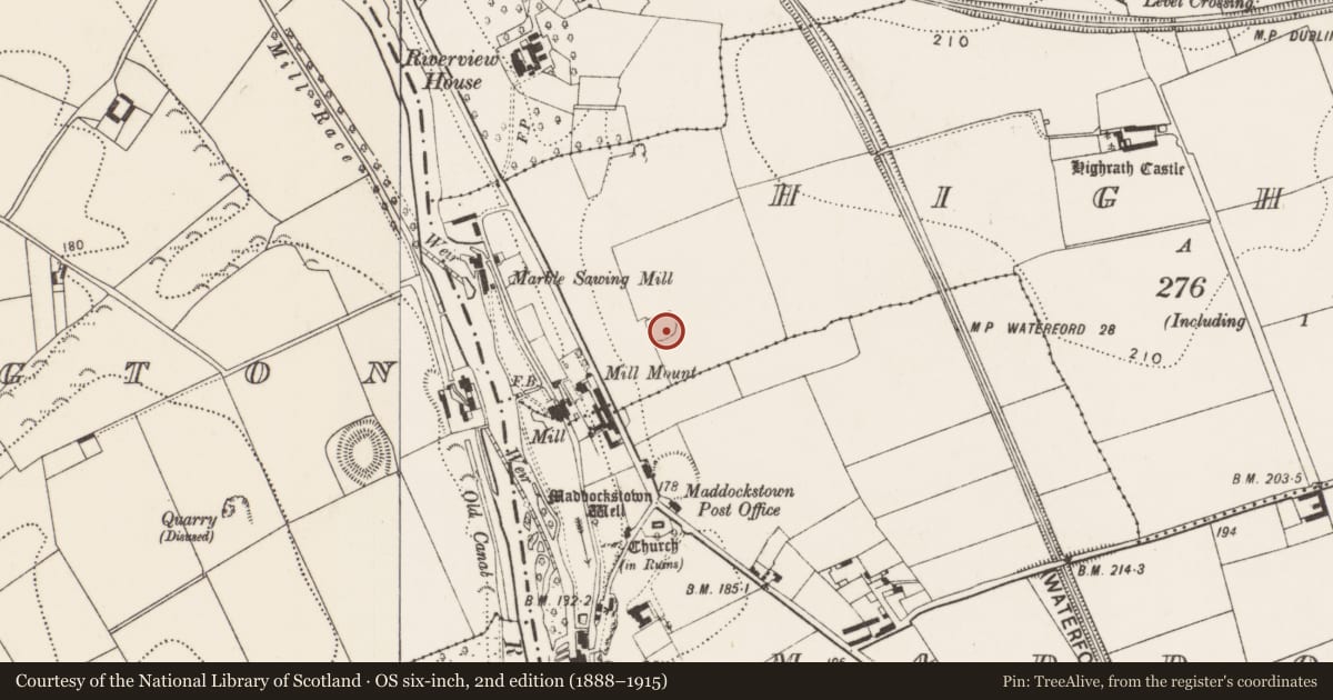 Ordnance Survey six-inch map, 2nd edition (1888–1915) covering the location of Enclosure, Highrath, County Kilkenny, with a pin at the register's coordinates