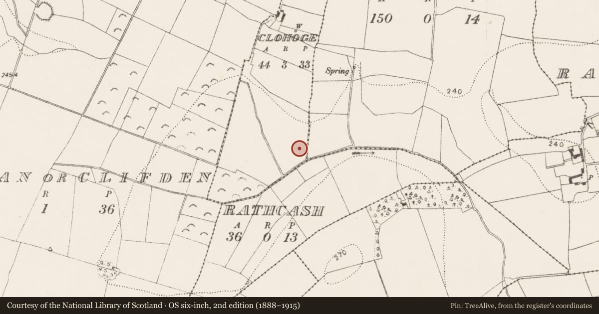 Ordnance Survey six-inch map, 2nd edition (1888–1915) covering the location of Burnt mound, Clohoge, County Kilkenny, with a pin at the register's coordinates