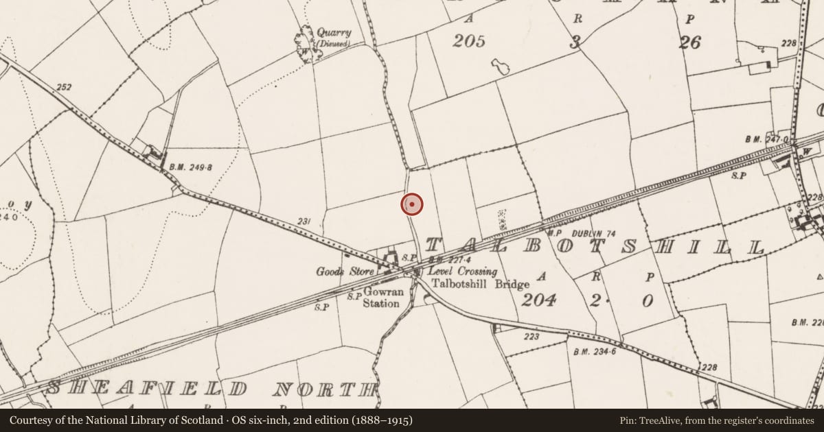 Ordnance Survey six-inch map, 2nd edition (1888–1915) covering the location of Enclosure, Talbotshill, County Kilkenny, with a pin at the register's coordinates