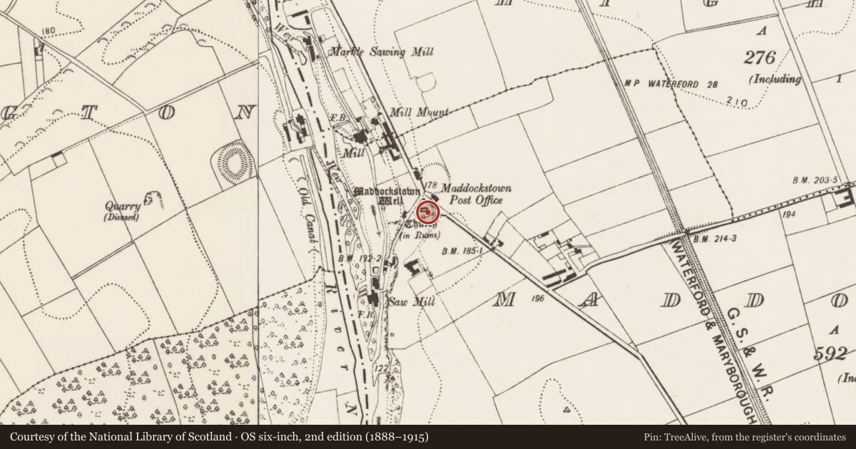 Ordnance Survey six-inch map, 2nd edition (1888–1915) covering the location of Church, Maddockstown, County Kilkenny, with a pin at the register's coordinates