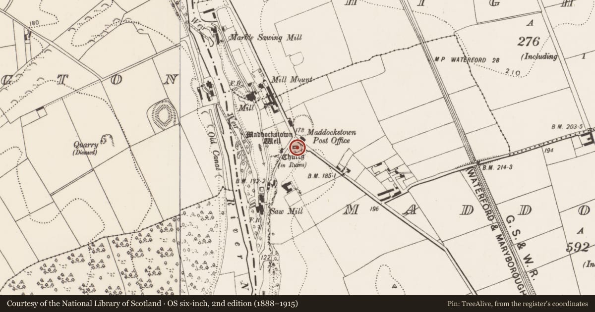 Ordnance Survey six-inch map, 2nd edition (1888–1915) covering the location of Graveyard, Maddockstown, County Kilkenny, with a pin at the register's coordinates