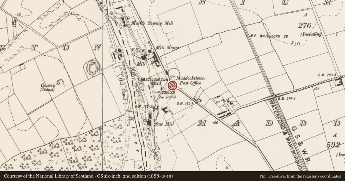 Ordnance Survey six-inch map, 2nd edition (1888–1915) covering the location of Font, Maddockstown, County Kilkenny, with a pin at the register's coordinates
