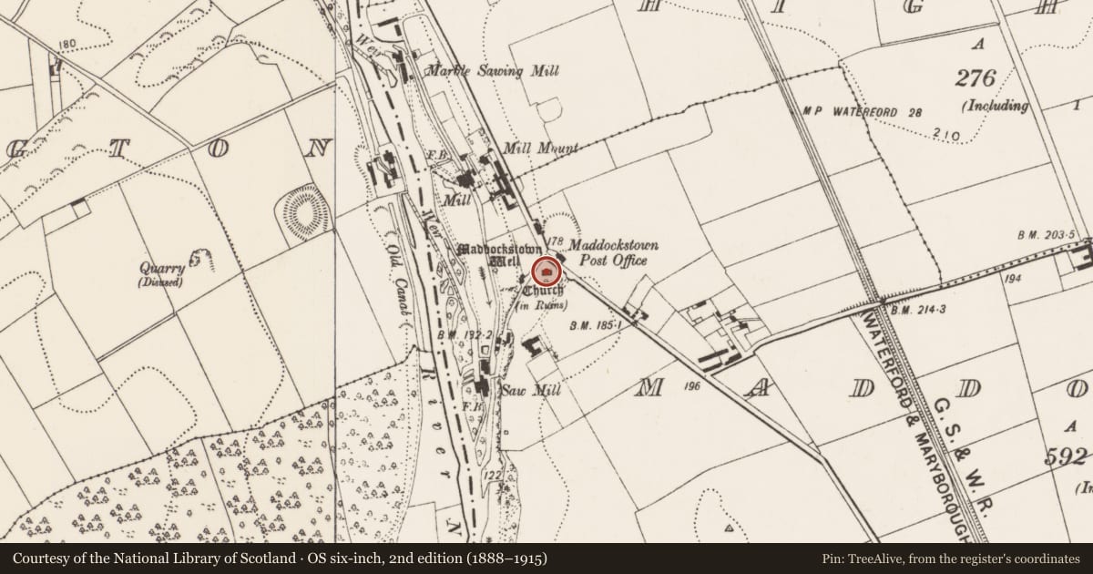 Ordnance Survey six-inch map, 2nd edition (1888–1915) covering the location of Architectural fragment, Maddockstown, County Kilkenny, with a pin at the register's coordinates