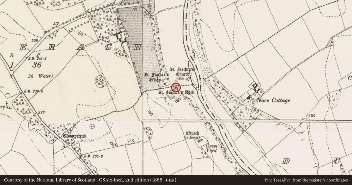 Ordnance Survey six-inch map, 2nd edition (1888–1915) covering the location of Ritual site - holy well, Sheastown, County Kilkenny, with a pin at the register's coordinates