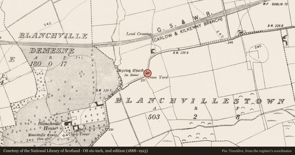 Ordnance Survey six-inch map, 2nd edition (1888–1915) covering the location of Church, Blanchvillestown, County Kilkenny, with a pin at the register's coordinates