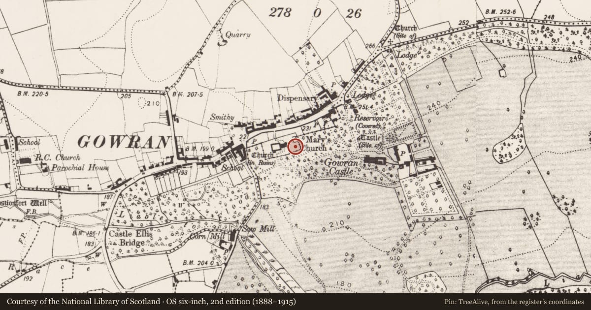 Ordnance Survey six-inch map, 2nd edition (1888–1915) covering the location of College, Gowran, Gowran Demesne, County Kilkenny, with a pin at the register's coordinates