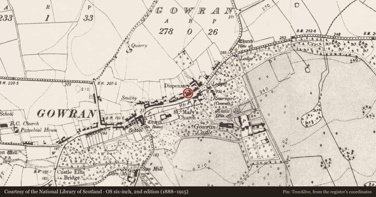 Ordnance Survey six-inch map, 2nd edition (1888–1915) covering the location of Forge, Gowran, County Kilkenny, with a pin at the register's coordinates