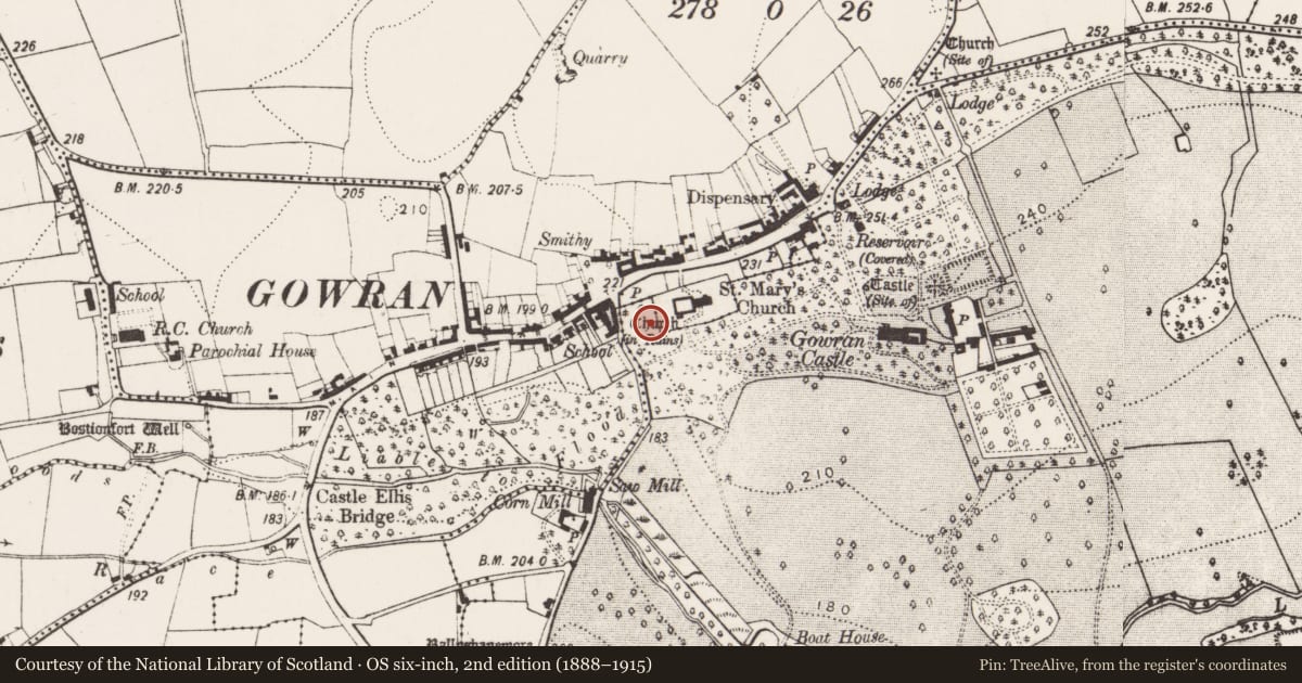 Ordnance Survey six-inch map, 2nd edition (1888–1915) covering the location of Kiln, Gowran, County Kilkenny, with a pin at the register's coordinates