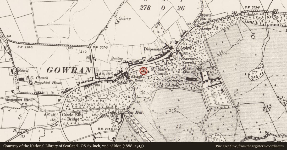 Ordnance Survey six-inch map, 2nd edition (1888–1915) covering the location of Wall monument, Gowran, County Kilkenny, with a pin at the register's coordinates