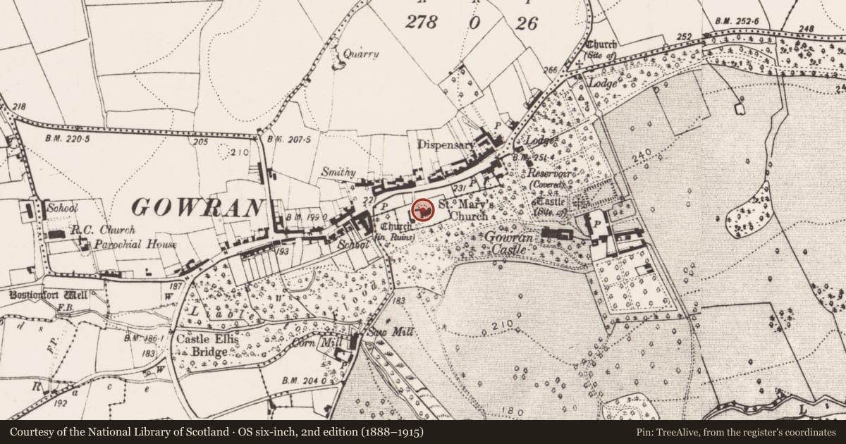 Ordnance Survey six-inch map, 2nd edition (1888–1915) covering the location of Graveslab, Gowran, County Kilkenny, with a pin at the register's coordinates
