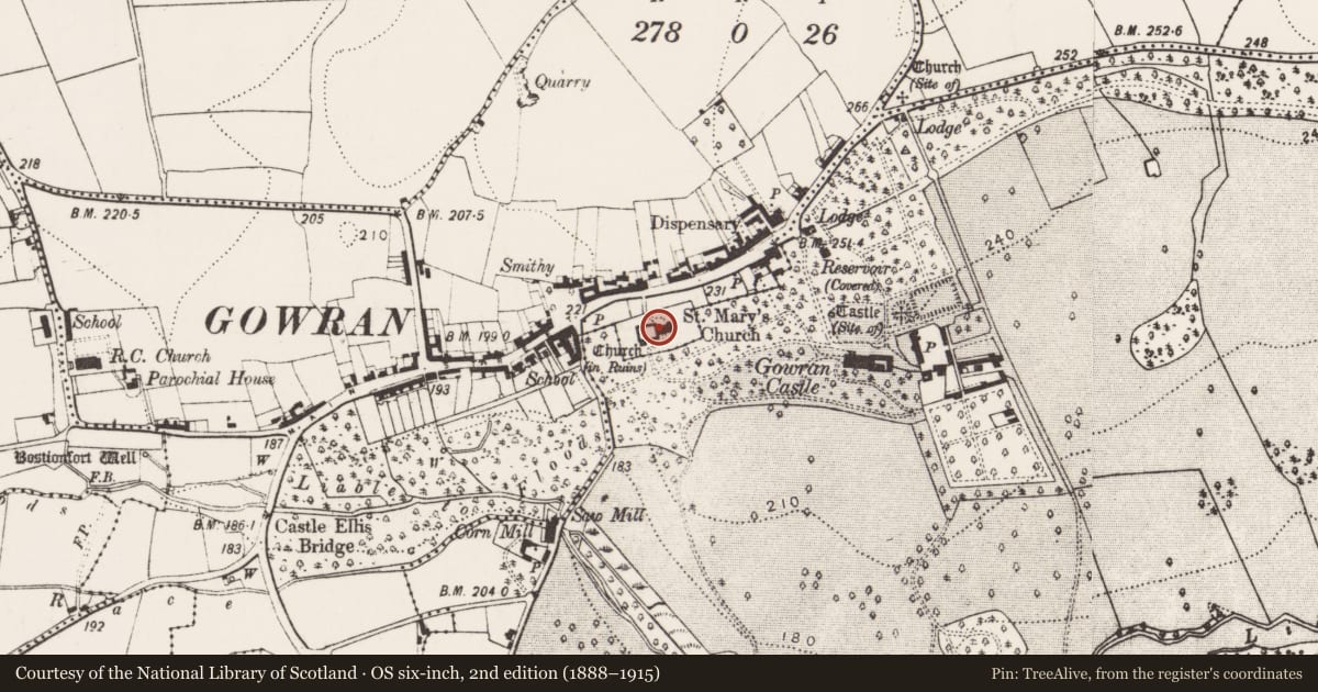 Ordnance Survey six-inch map, 2nd edition (1888–1915) covering the location of Graveslab, Gowran, County Kilkenny, with a pin at the register's coordinates