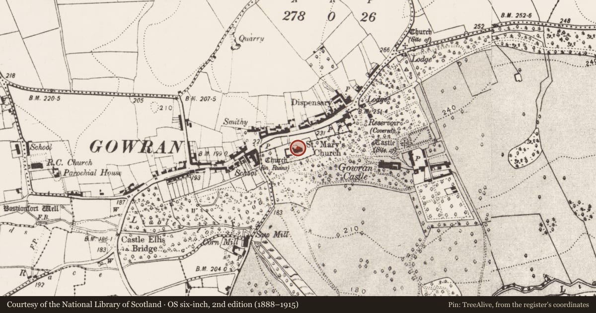 Ordnance Survey six-inch map, 2nd edition (1888–1915) covering the location of Graveslab, Gowran, County Kilkenny, with a pin at the register's coordinates