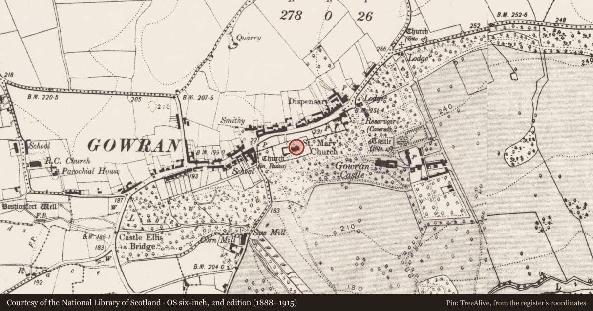 Ordnance Survey six-inch map, 2nd edition (1888–1915) covering the location of Tomb - effigial, Gowran, County Kilkenny, with a pin at the register's coordinates