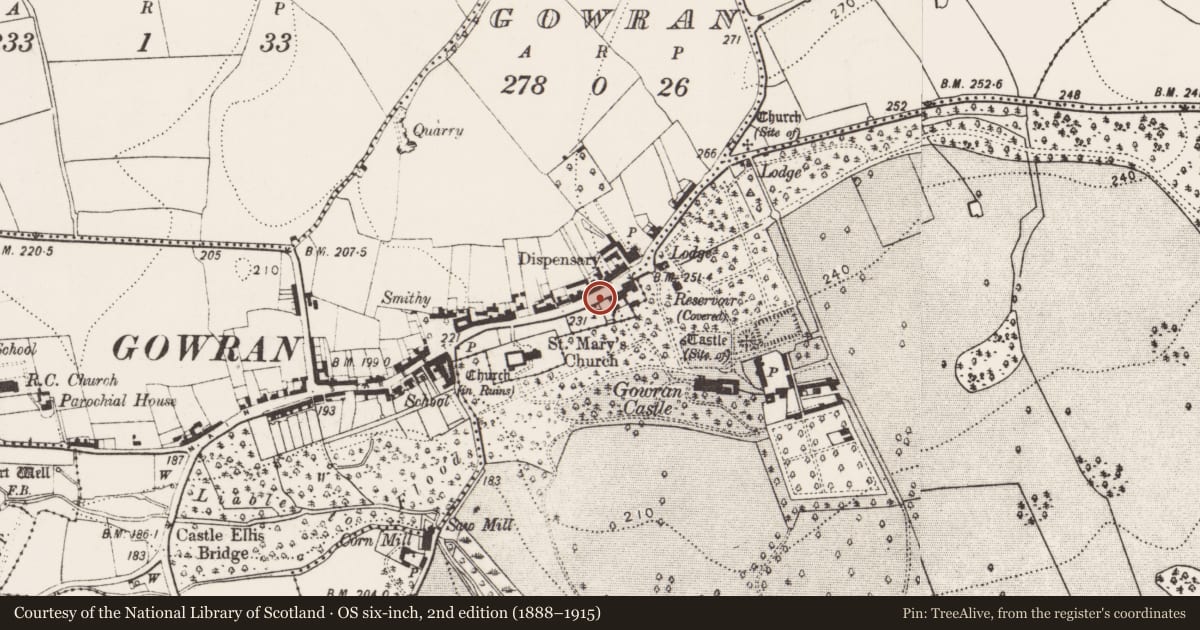Ordnance Survey six-inch map, 2nd edition (1888–1915) covering the location of Post office, Gowran, County Kilkenny, with a pin at the register's coordinates