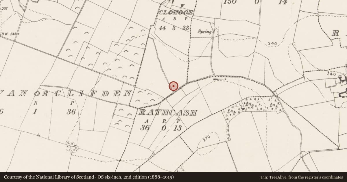 Ordnance Survey six-inch map, 2nd edition (1888–1915) covering the location of Burnt mound, Clohoge, County Kilkenny, with a pin at the register's coordinates