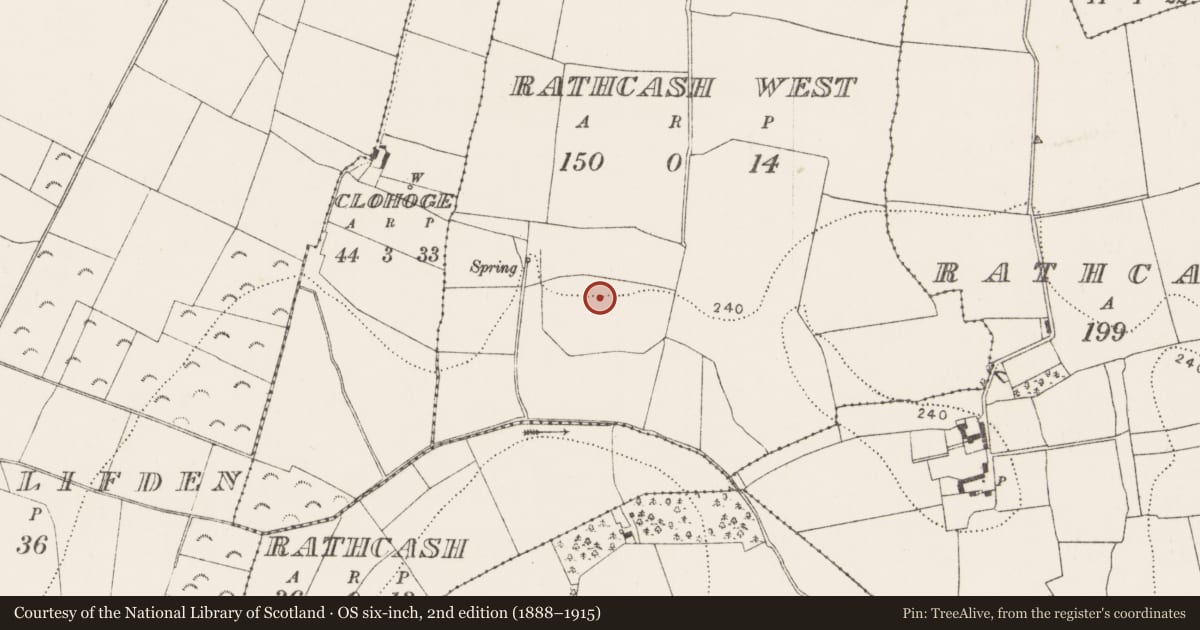 Ordnance Survey six-inch map, 2nd edition (1888–1915) covering the location of Burnt mound, Rathcash West, County Kilkenny, with a pin at the register's coordinates