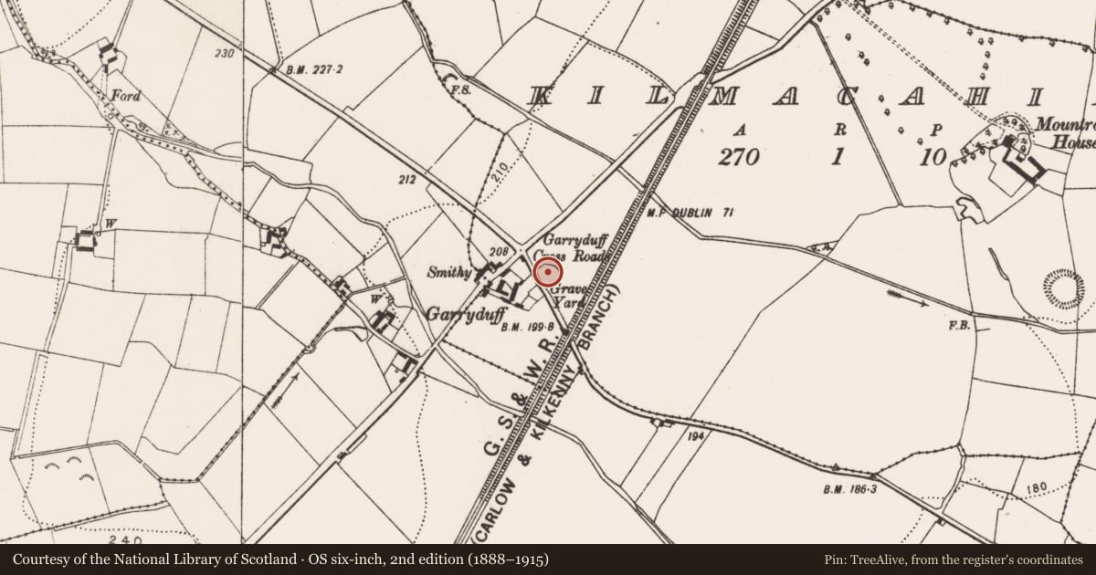 Ordnance Survey six-inch map, 2nd edition (1888–1915) covering the location of Graveyard, Kilmacahill, County Kilkenny, with a pin at the register's coordinates