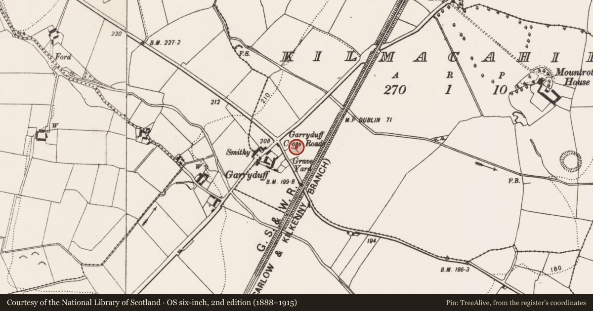 Ordnance Survey six-inch map, 2nd edition (1888–1915) covering the location of Ecclesiastical enclosure, Kilmacahill, County Kilkenny, with a pin at the register's coordinates
