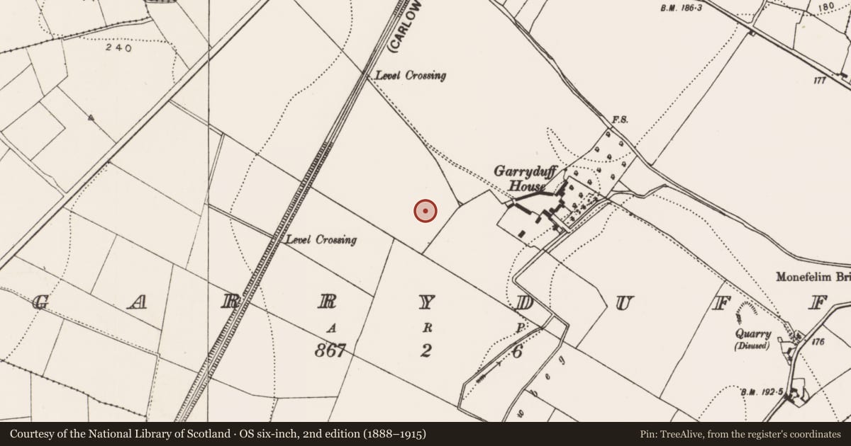 Ordnance Survey six-inch map, 2nd edition (1888–1915) covering the location of Ring-ditch, Garryduff, County Kilkenny, with a pin at the register's coordinates