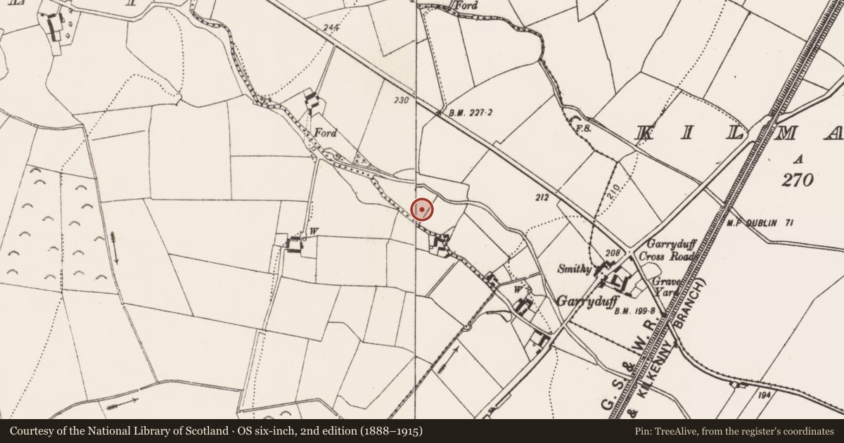Ordnance Survey six-inch map, 2nd edition (1888–1915) covering the location of Structure, Garryduff, County Kilkenny, with a pin at the register's coordinates