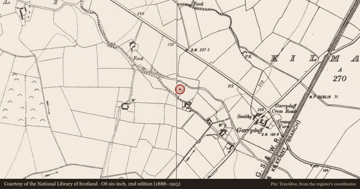 Ordnance Survey six-inch map, 2nd edition (1888–1915) covering the location of Cremation pit, Garryduff, County Kilkenny, with a pin at the register's coordinates