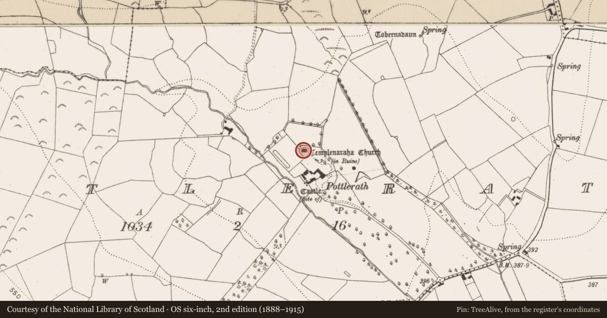 Ordnance Survey six-inch map, 2nd edition (1888–1915) covering the location of Church, Pottlerath, County Kilkenny, with a pin at the register's coordinates