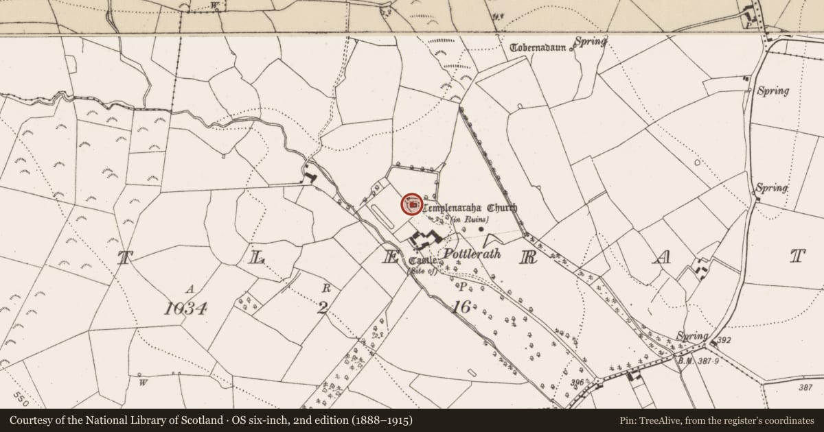 Ordnance Survey six-inch map, 2nd edition (1888–1915) covering the location of Graveyard, Pottlerath, County Kilkenny, with a pin at the register's coordinates