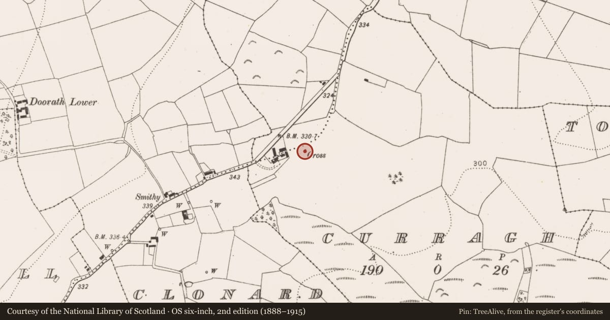 Ordnance Survey six-inch map, 2nd edition (1888–1915) covering the location of Cross, Curragh, County Kilkenny, with a pin at the register's coordinates