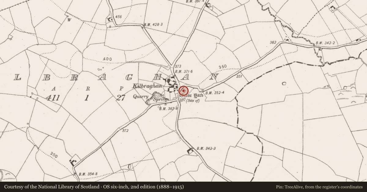 Ordnance Survey six-inch map, 2nd edition (1888–1915) covering the location of Church, Kilbraghan, County Kilkenny, with a pin at the register's coordinates